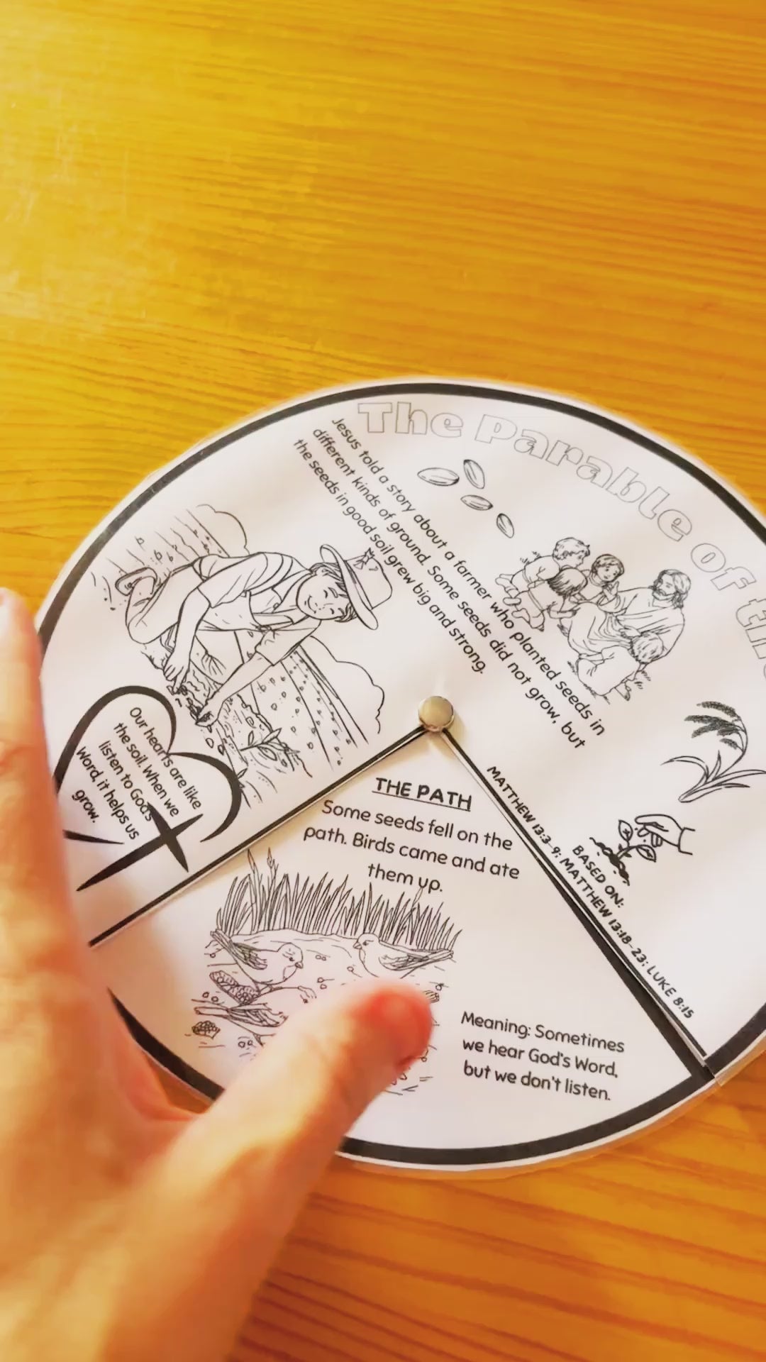 A video showing a black and white The Parable of the Sower Story Wheel Craft. 