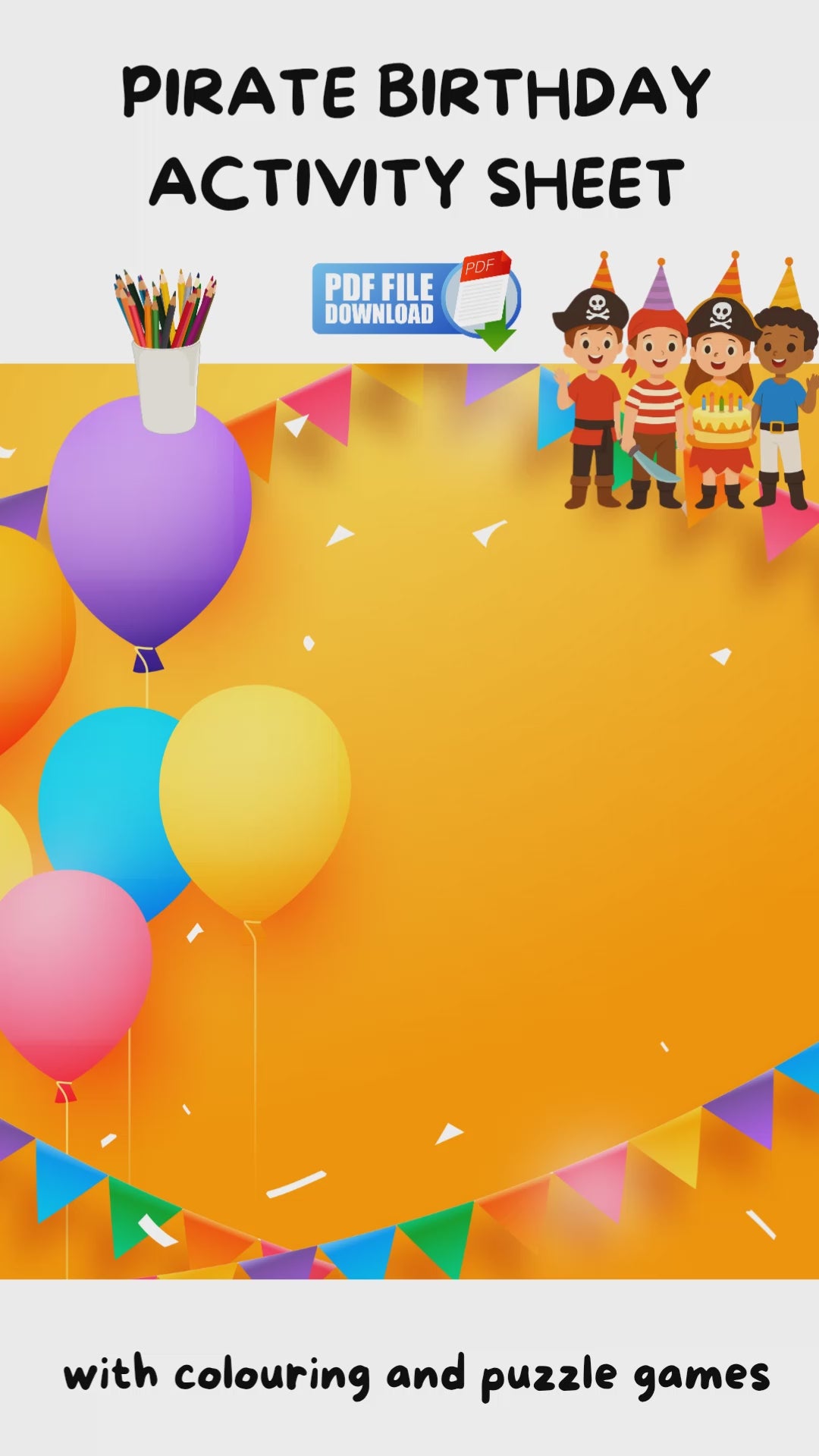 A video showing a pirate birthday activity sheet for kids with party games.