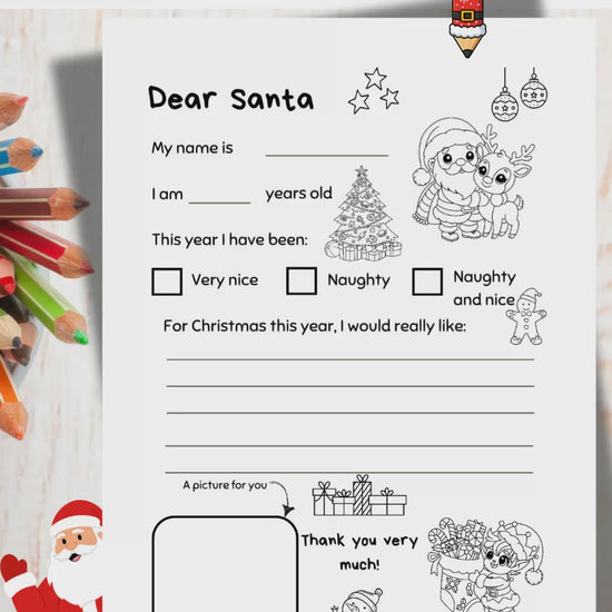 A printable letter to santa wish list colouring page for kids shown in a video.