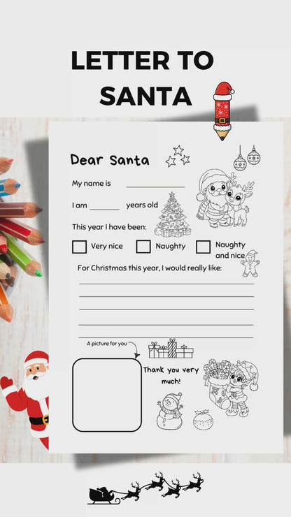 A printable letter to santa wish list colouring page for kids shown in a video.