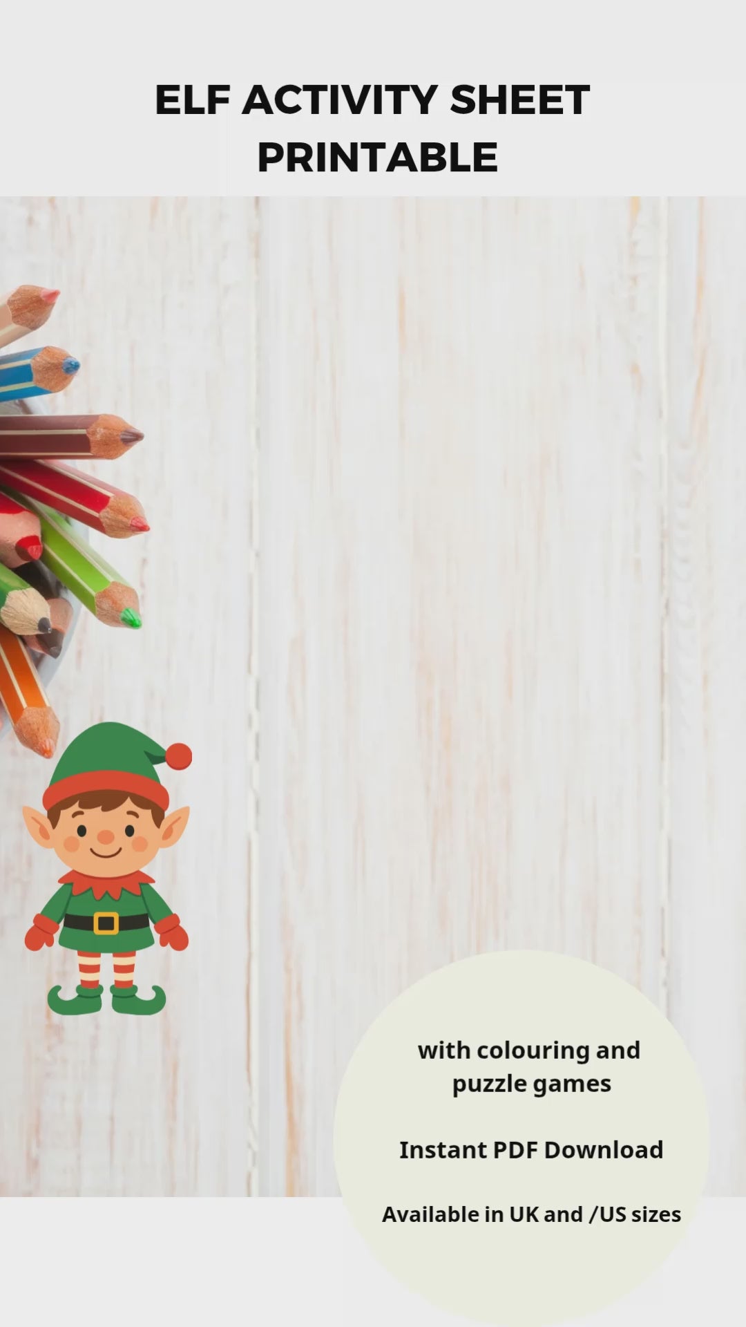 Elf themed activity sheet with elves, colouring and puzzle games.