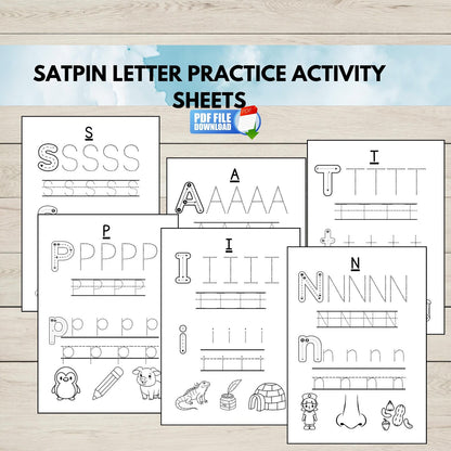 SATPIN Letter Practice Activity Sheets on a wooden surface with a PDF file icon.
