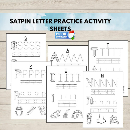 SATPIN Letter Practice Activity Sheets on a wooden surface with a PDF file icon.