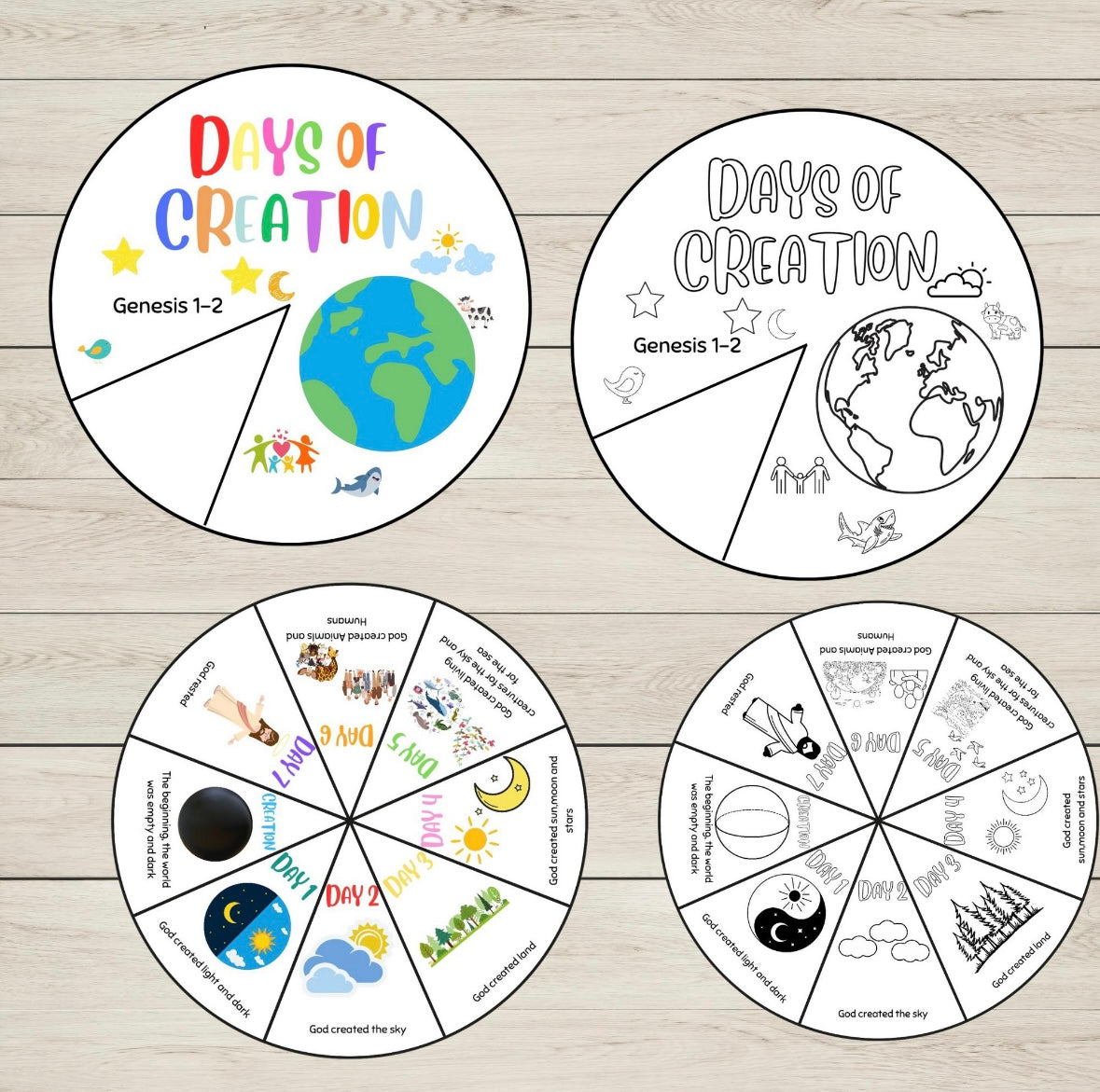 Seven Days of Creation Story Wheel for Kids craft activity teaching Bible lessons in Sunday school, homeschool, or VBS.