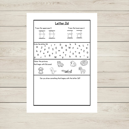 "The letter D worksheet with initial sounds and letter tracing."