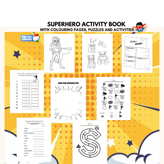 "printable superhero colouring and activity pages for kids."