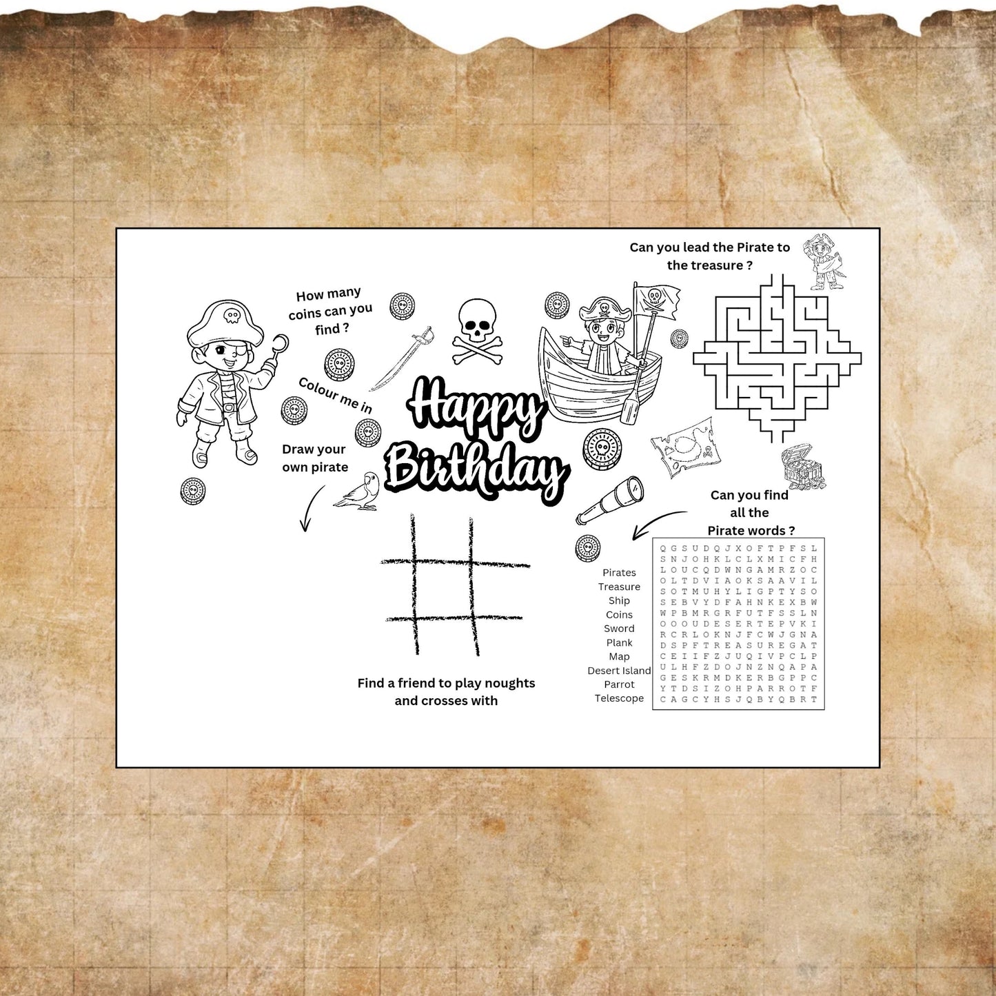 "a pirate birthday printable activity sheet"