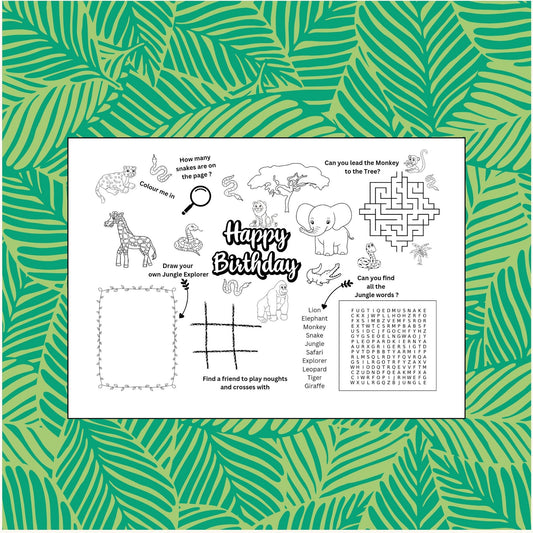 "a printable jungle birthday activity sheet."