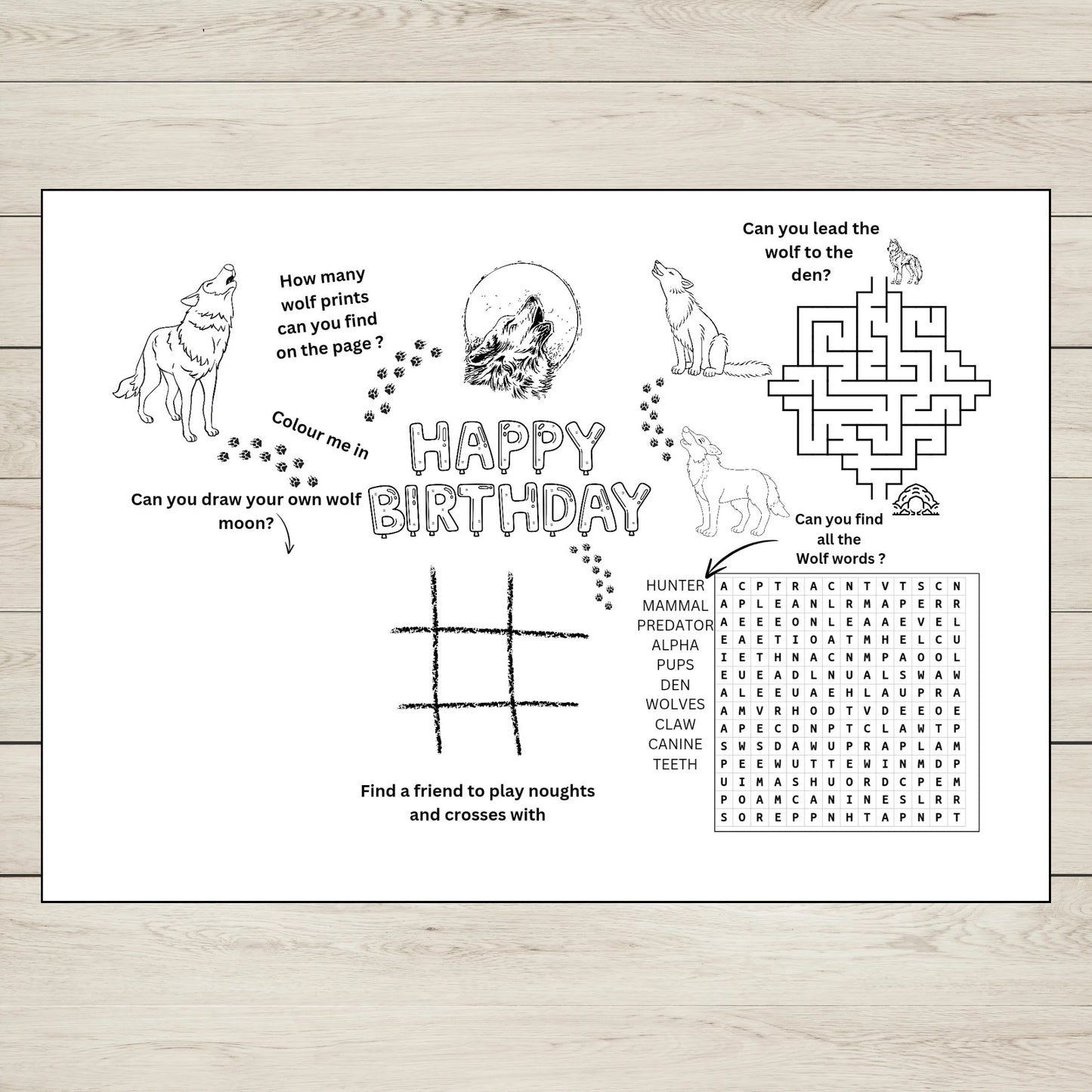 Wolf Birthday Party Activity Sheet Printable