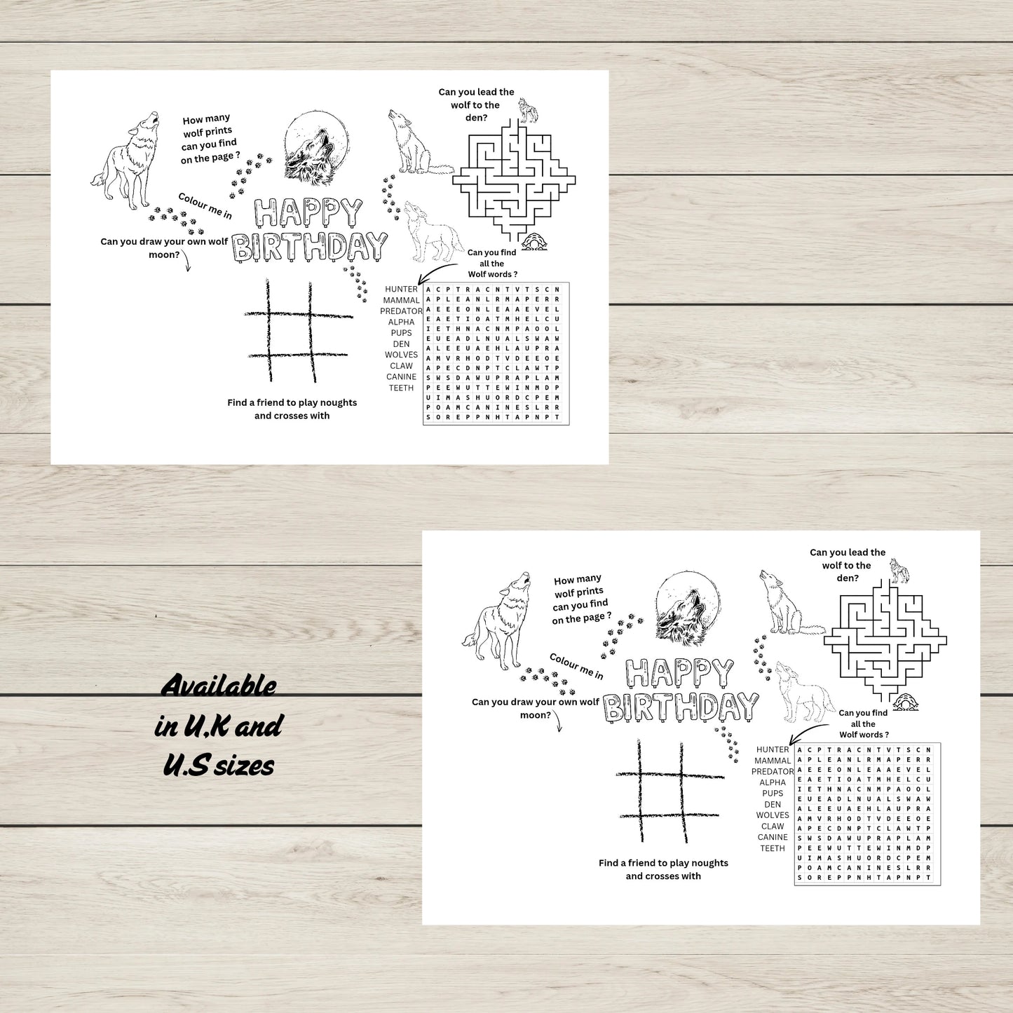 Wolf Birthday Party Activity Sheet Printable