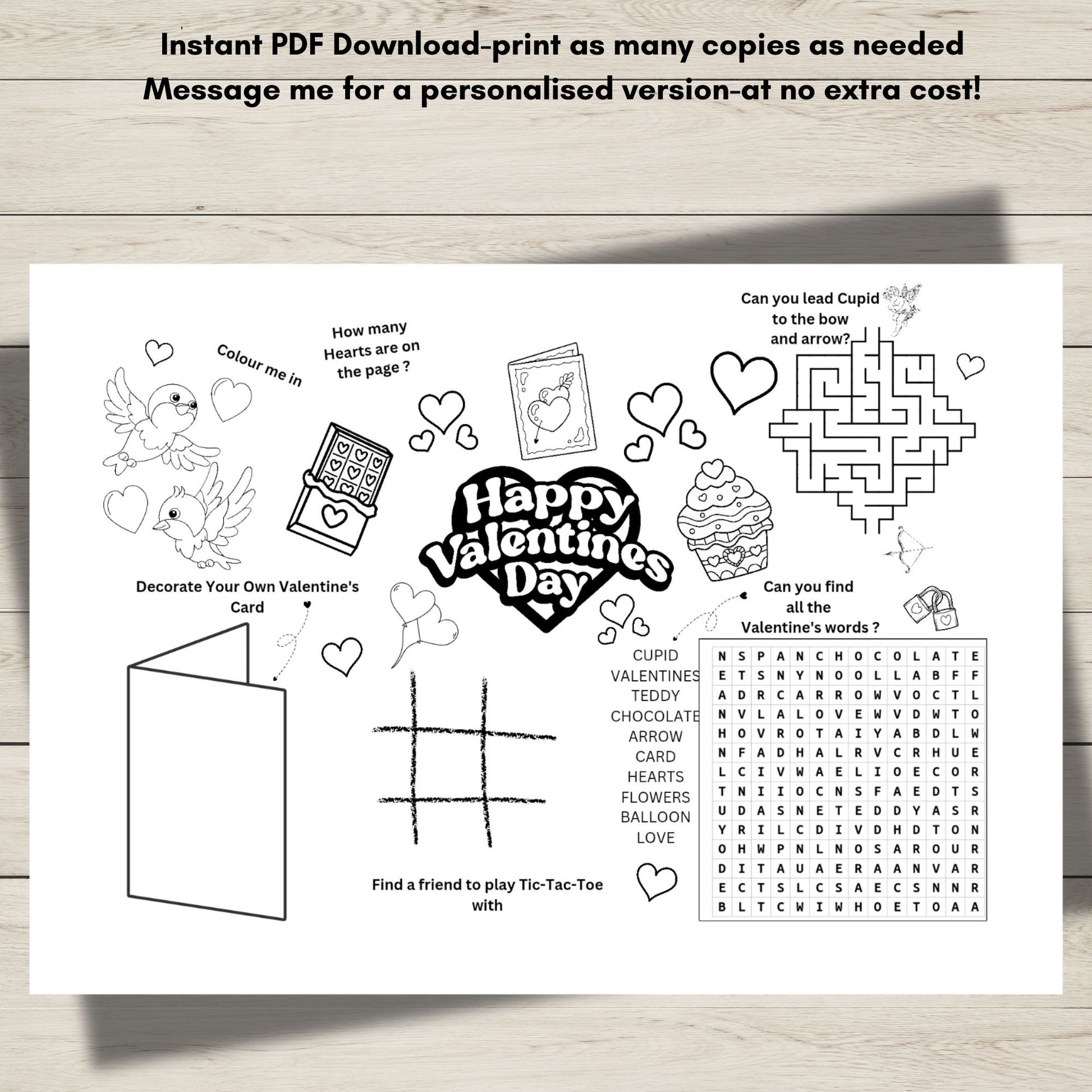 Close-up of Valentine’s Day maze puzzle and colouring section on kids activity sheet printable PDF.