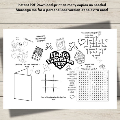 Close-up of Valentine’s Day maze puzzle and colouring section on kids activity sheet printable PDF.