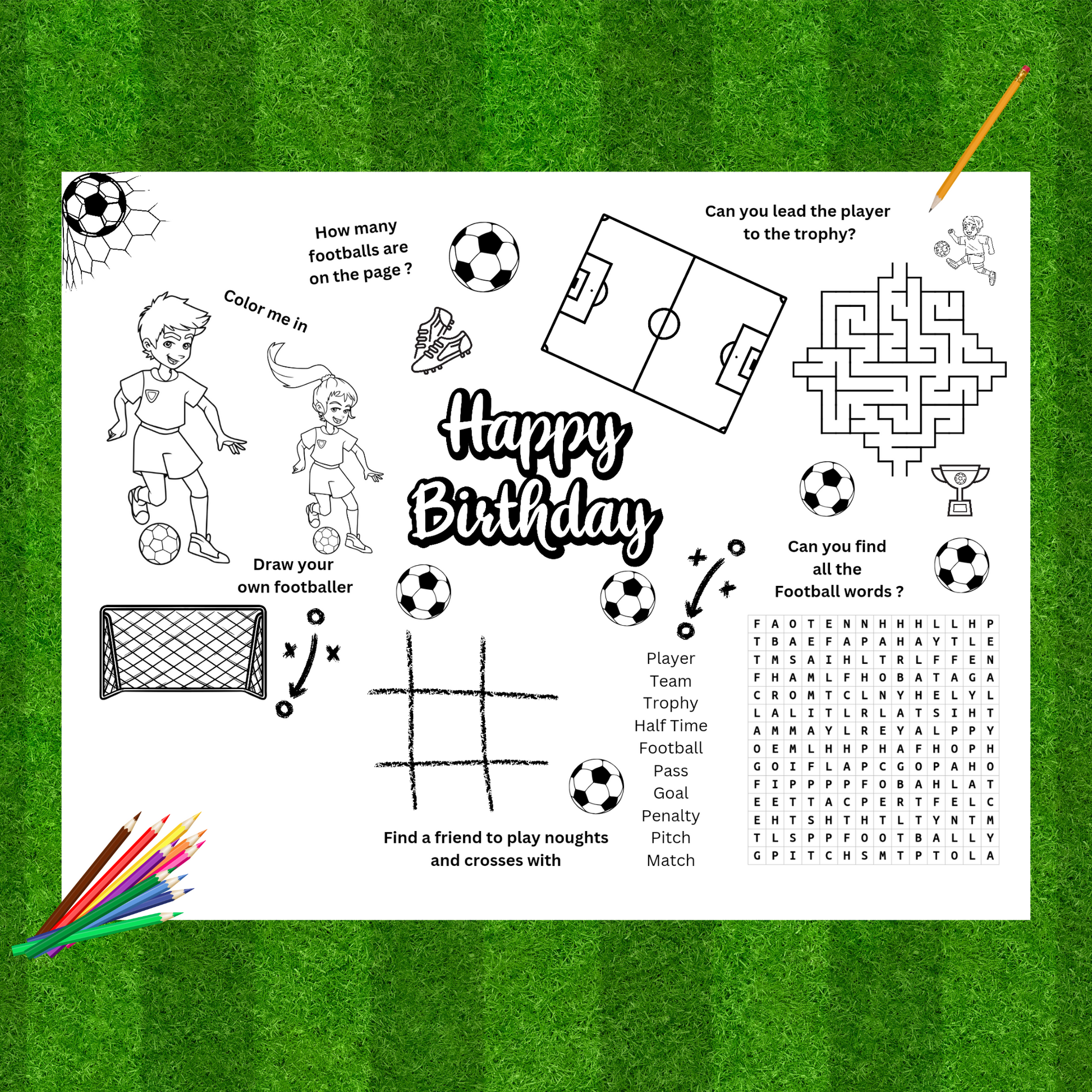 "Printable activity placemat for a football party with puzzles and colouring."