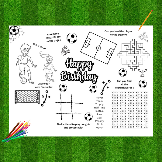 "Printable activity placemat for a football party with puzzles and colouring."