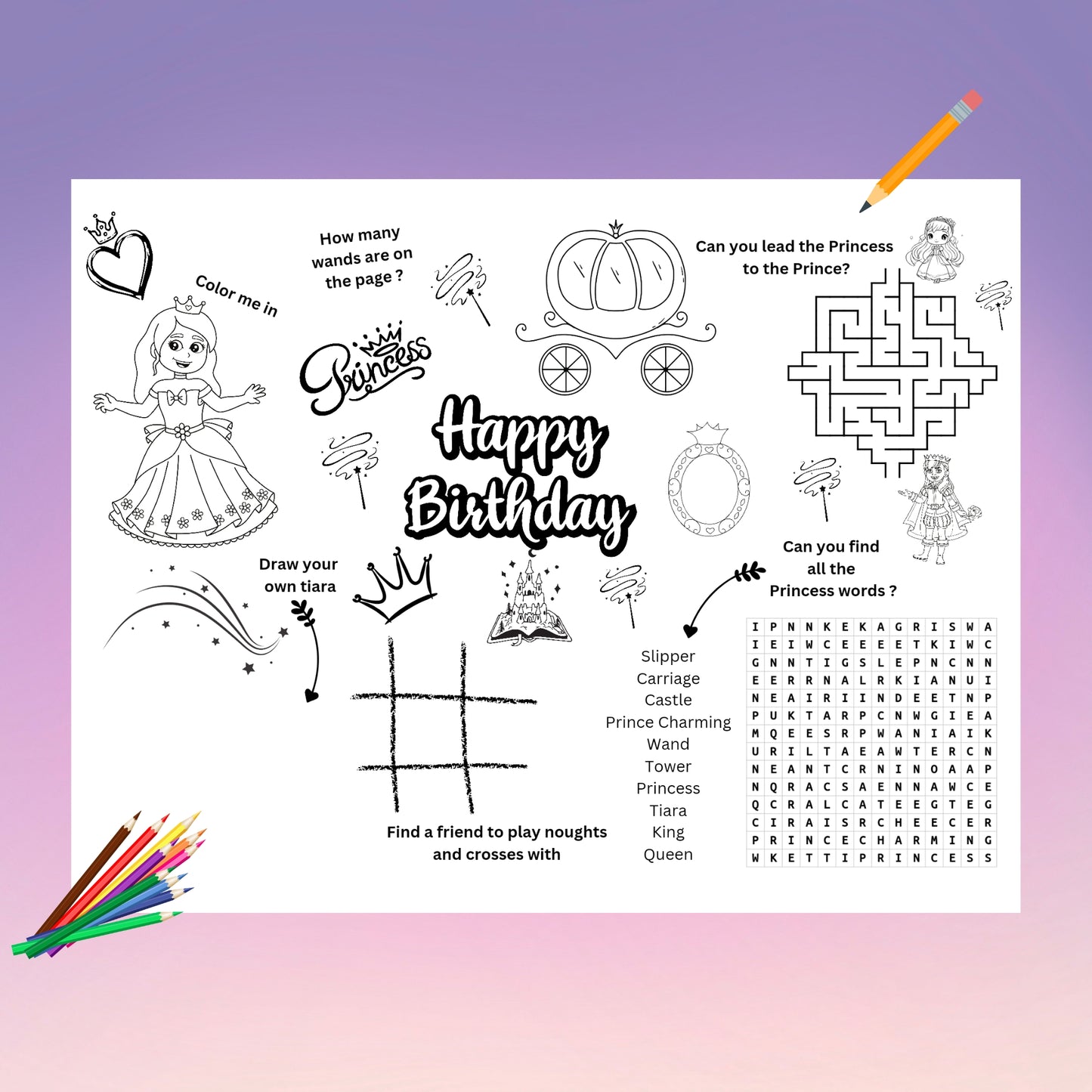 "A princess birthday printable activity placemat with colouring and puzzles."