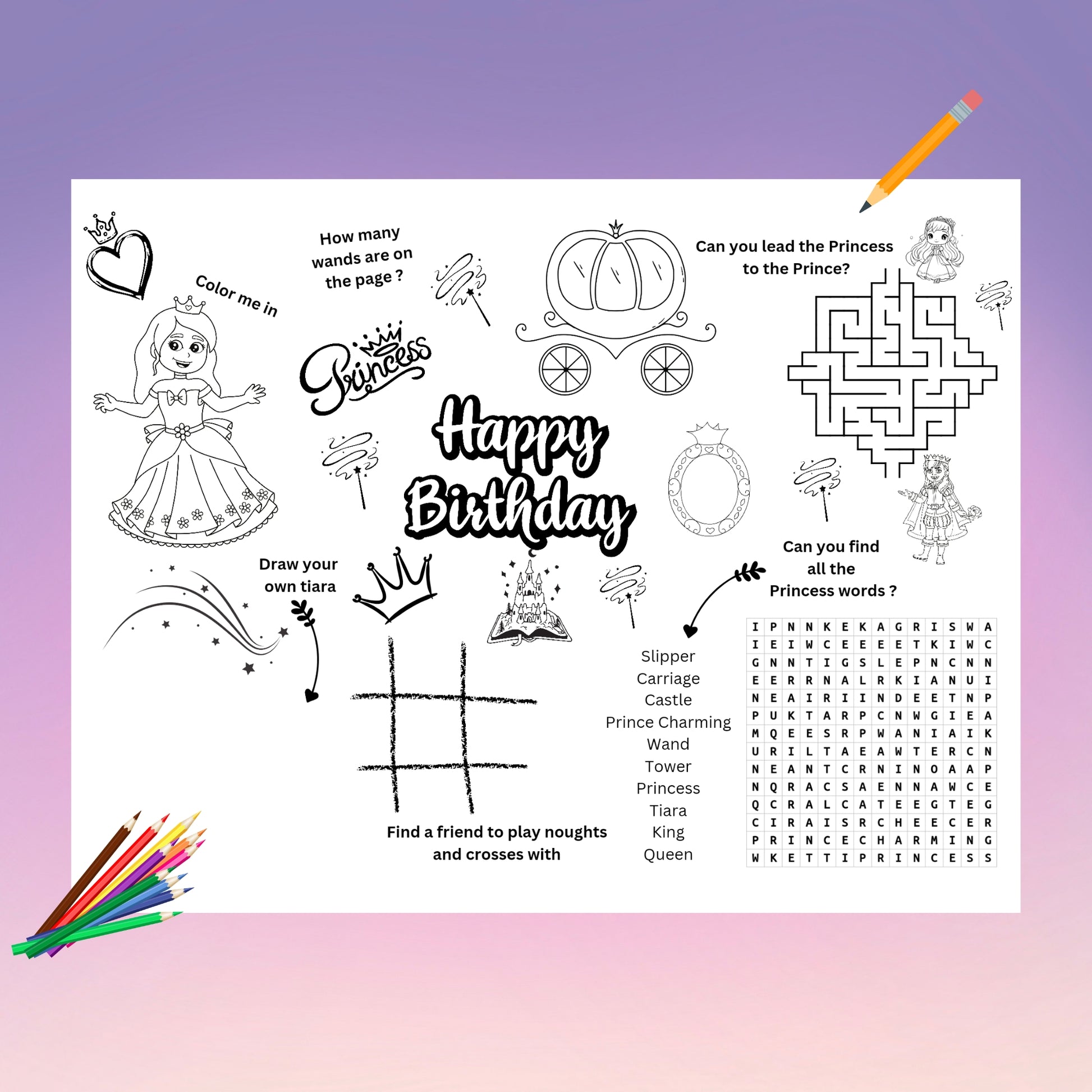 "A princess birthday printable activity placemat with colouring and puzzles."