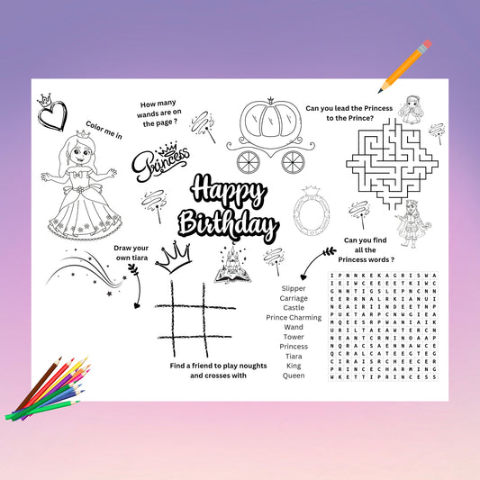 "A princess birthday printable activity placemat with colouring and puzzles."