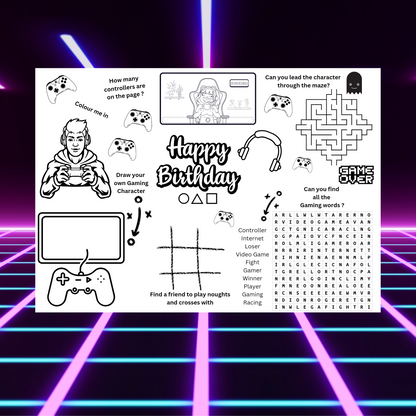 "A gaming activity printable placemat for birthdays with puzzles and colouring."
