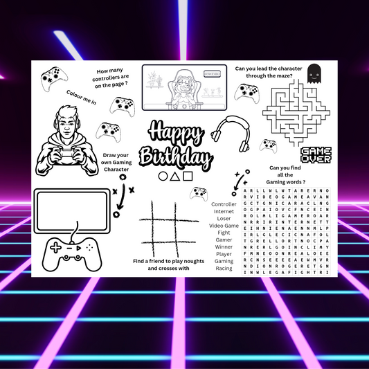 "A gaming activity printable placemat for birthdays with puzzles and colouring."