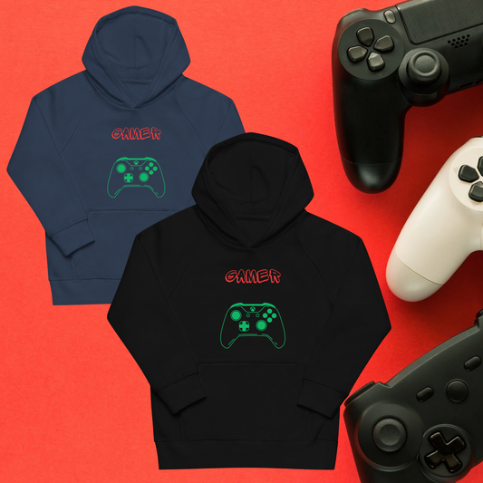 "A black and a navy kids gamer hoodie."