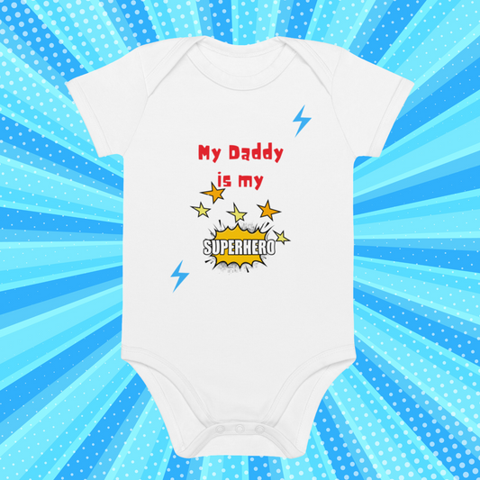 "A white baby bodysuit with my daddy is my superhero print."