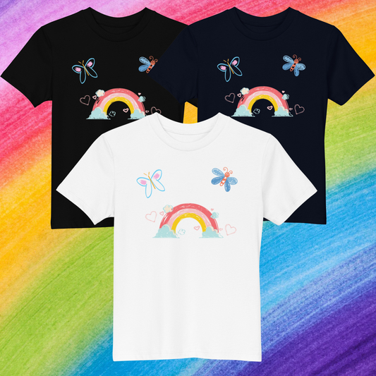 "Three rainbow hearts flowers cute girls shirts in black navy and white."