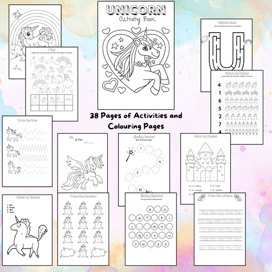 "A unicorn activity and colouring book printable for kids."