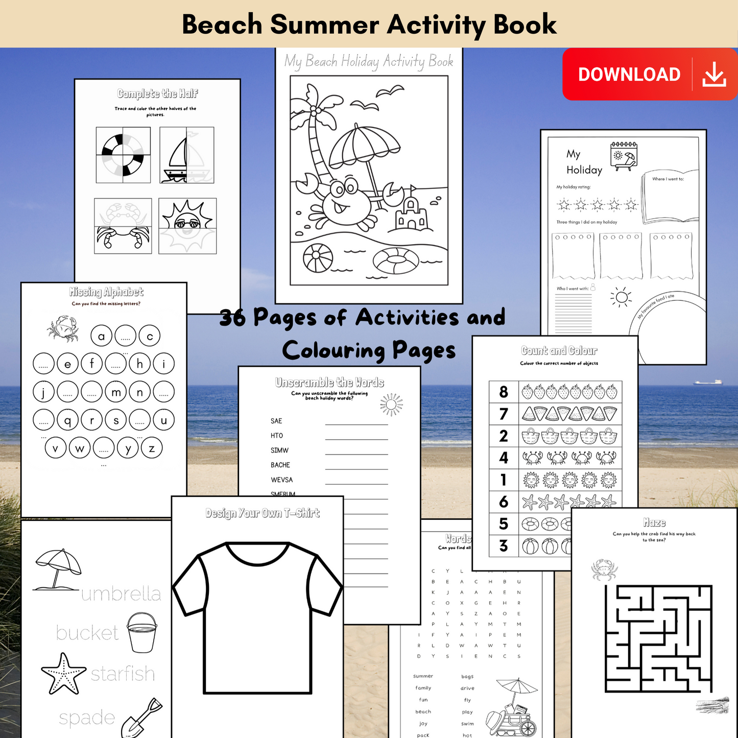 "A printable beach themed activity and colouring book."