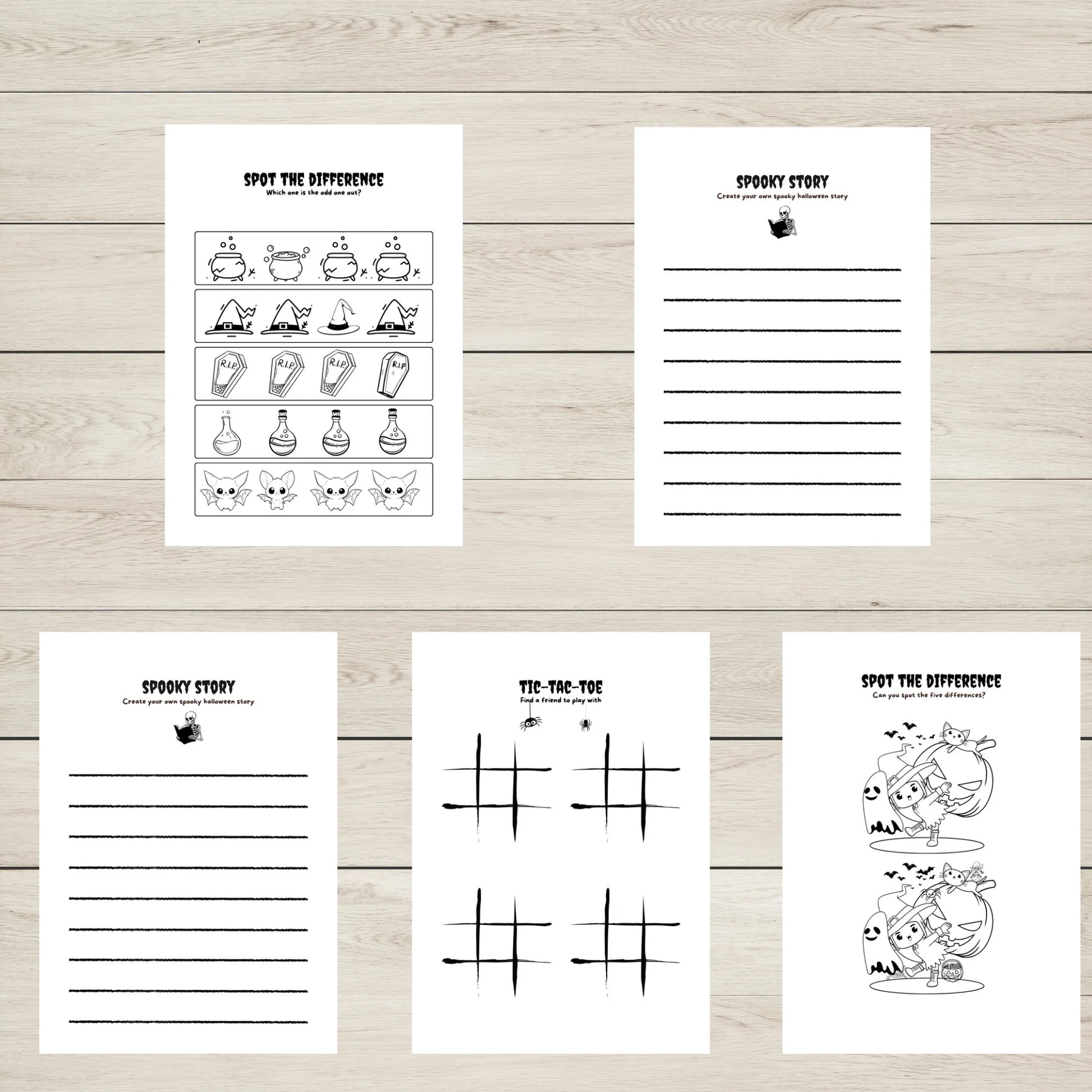 "A set of five Halloween activity sheets."