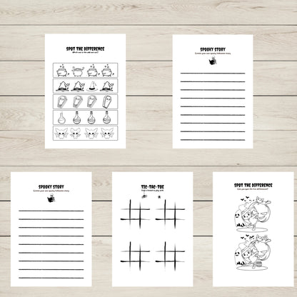 "A set of five Halloween activity sheets."