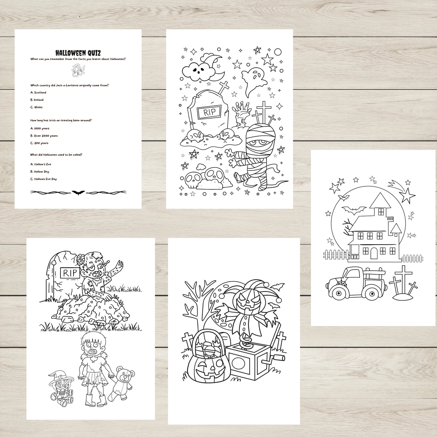 "A set of five Halloween colouring sheets."