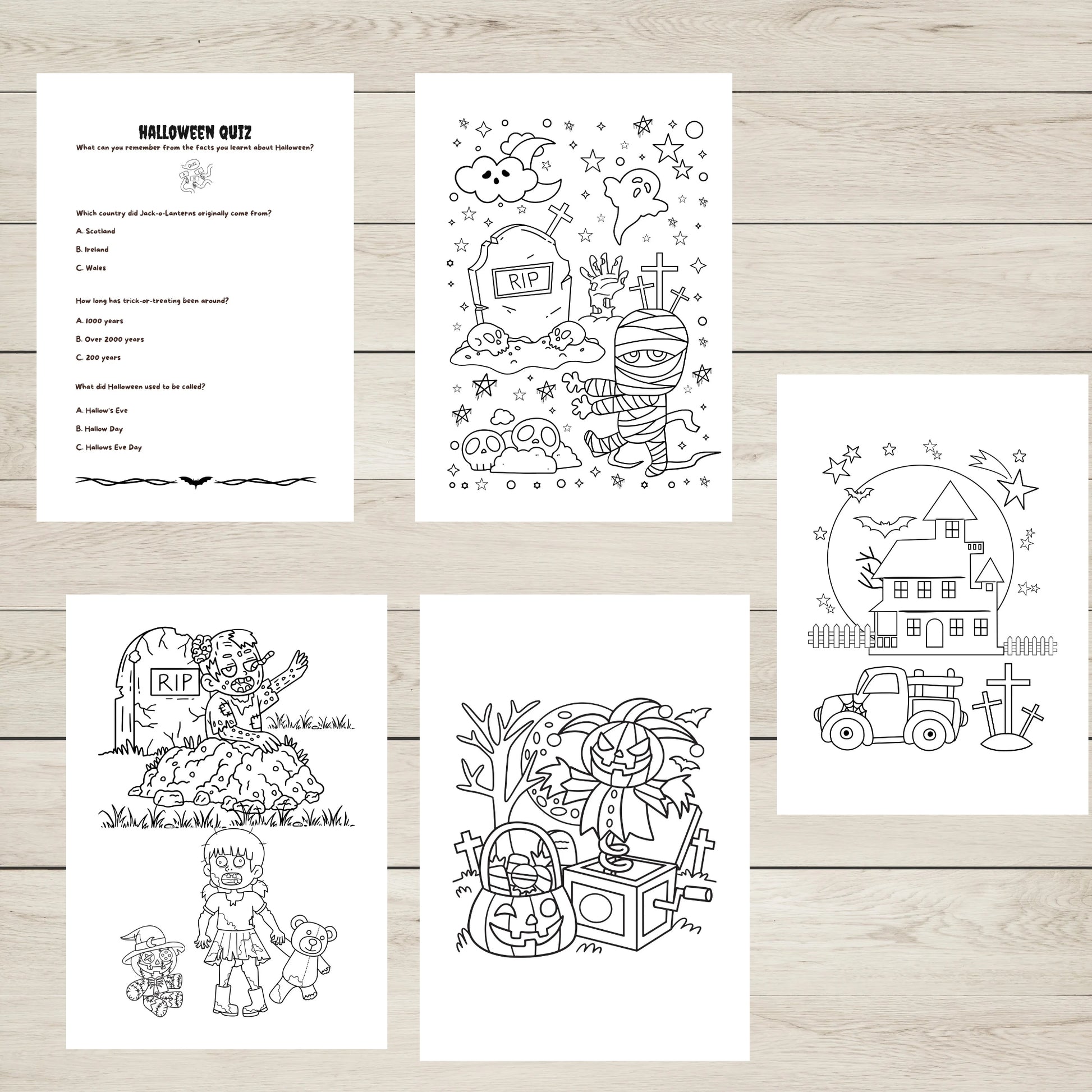 "A set of five Halloween colouring sheets."