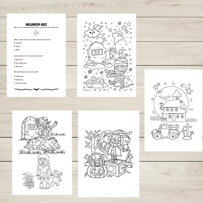 "A set of five Halloween colouring sheets."