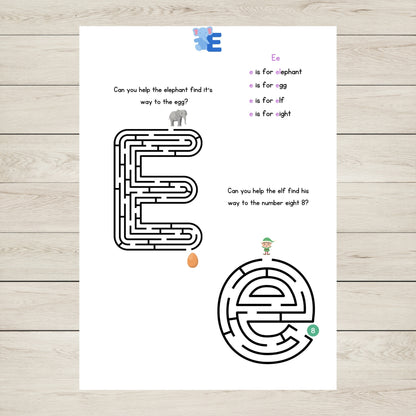 "The letter E worksheet with initial sounds and letter e mazes."