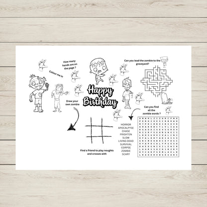 "A printable activity mat for zombie birthday party."