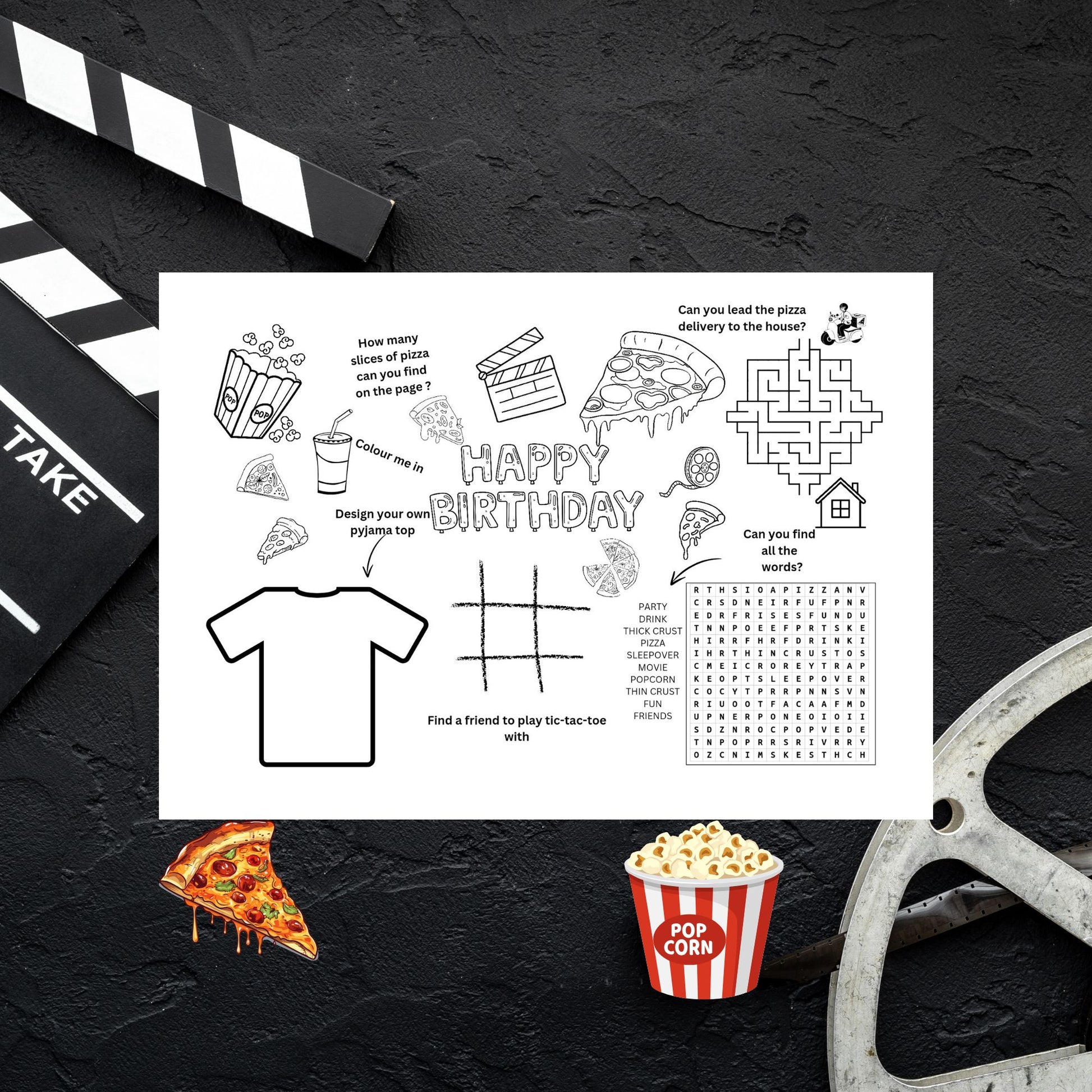 pizza movie popcorn  activity printable placemat