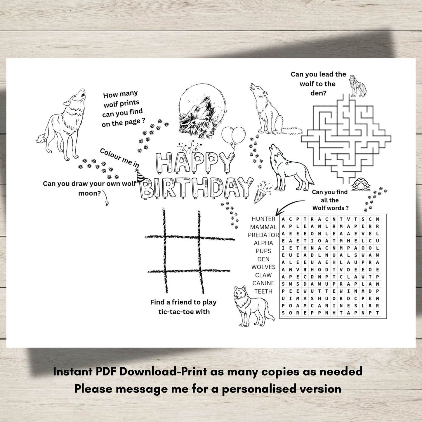 A printable wolf-themed birthday activity page with puzzles and colouring activities for kids’ party entertainment.