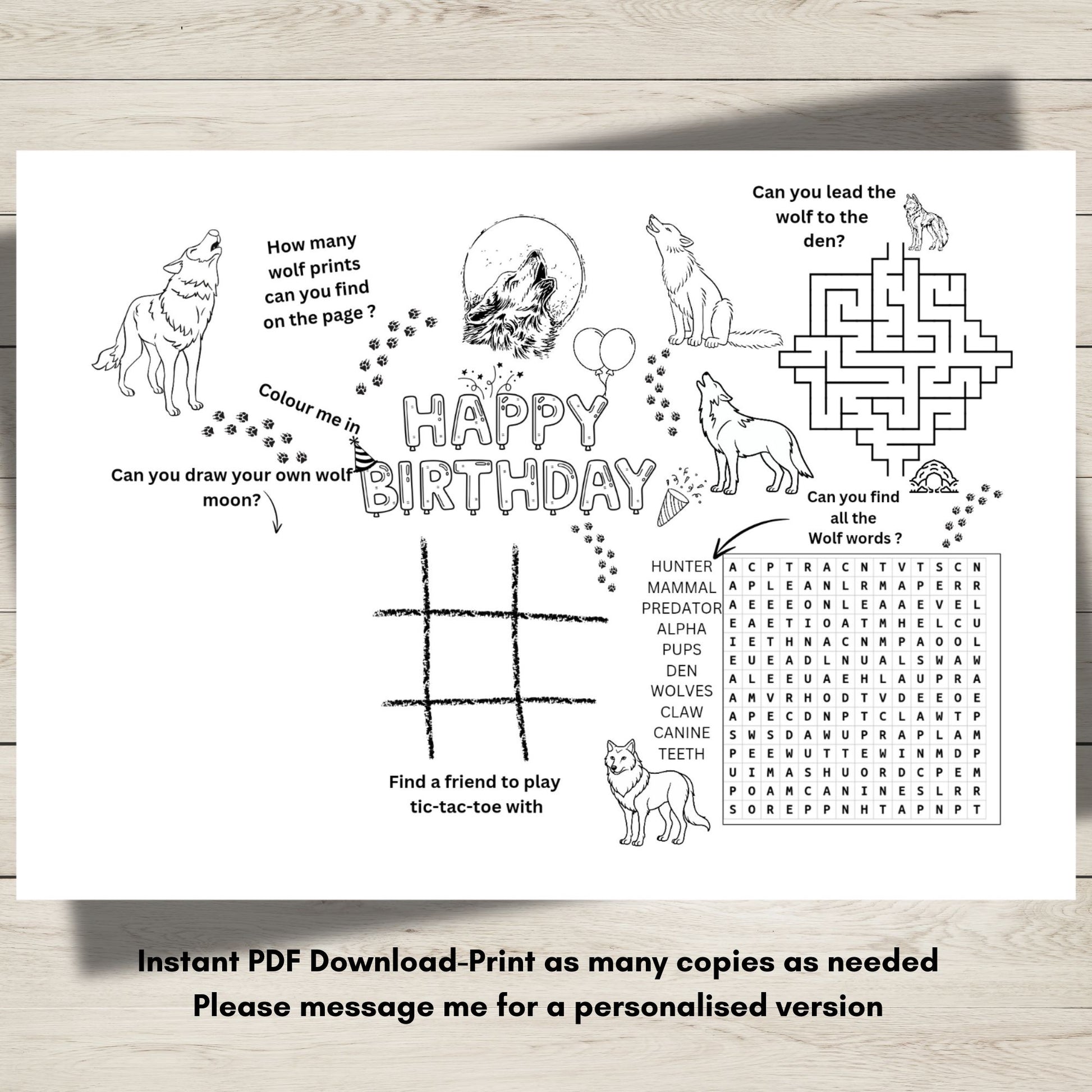 A printable wolf-themed birthday activity page with puzzles and colouring activities for kids’ party entertainment.