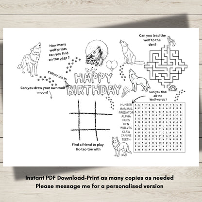 A printable wolf-themed birthday activity page with puzzles and colouring activities for kids’ party entertainment.