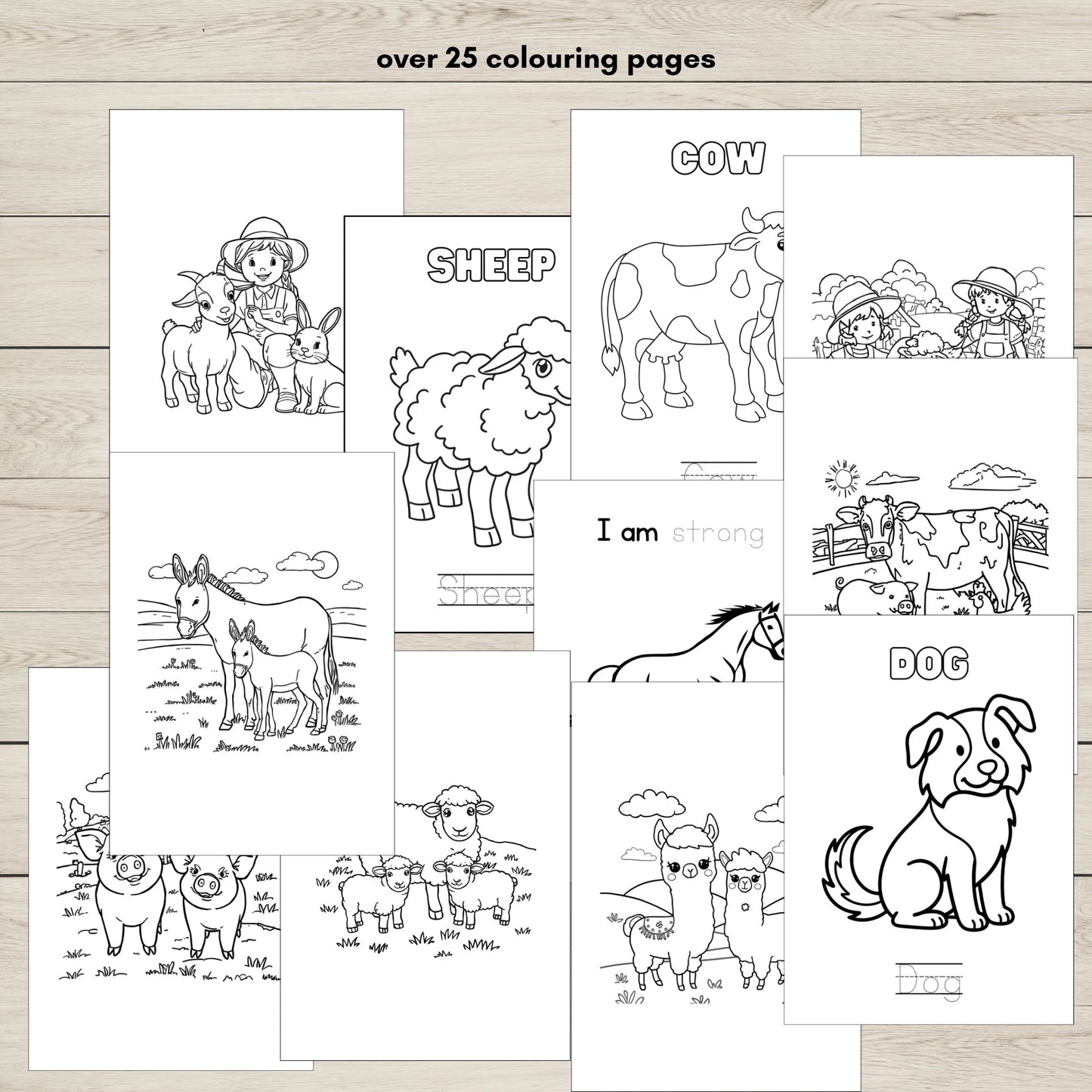 Farm animals colouring pages for kids with fun printable farm-themed illustrations.