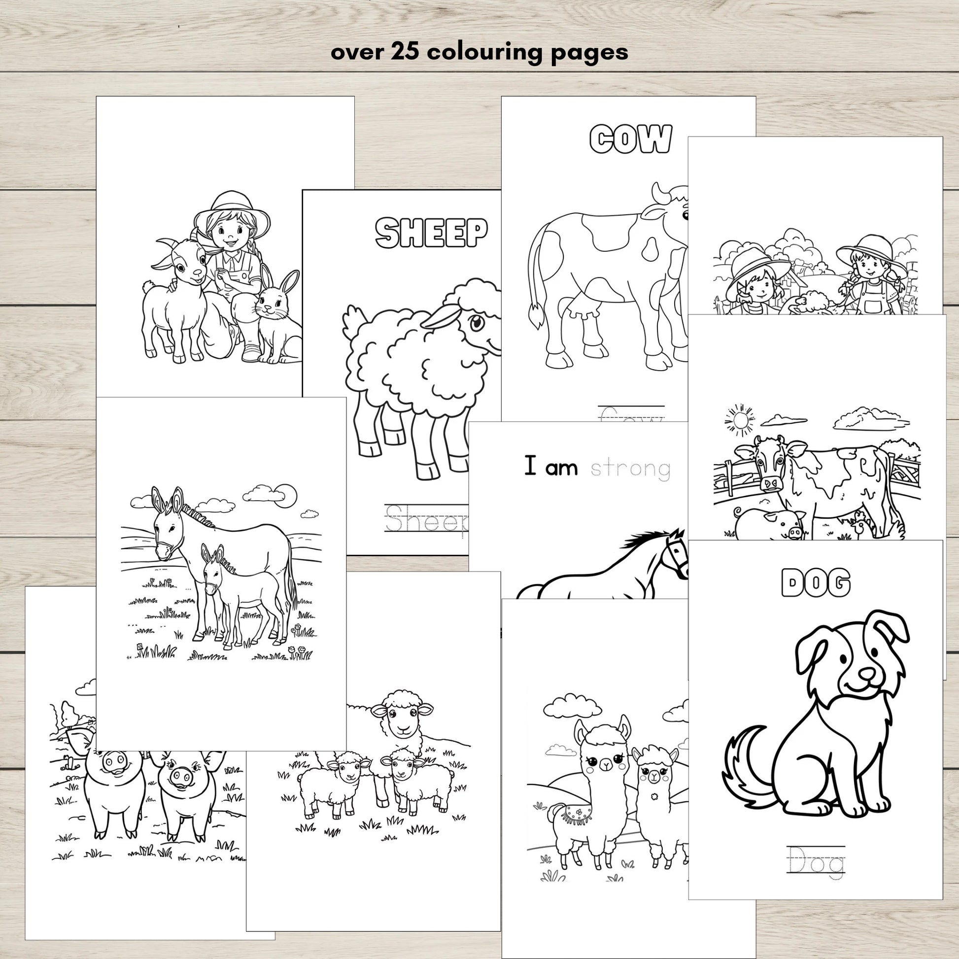Farm animals colouring pages for kids with fun printable farm-themed illustrations.