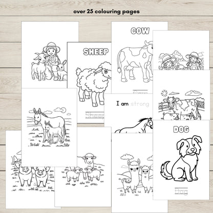 Farm animals colouring pages for kids with fun printable farm-themed illustrations.