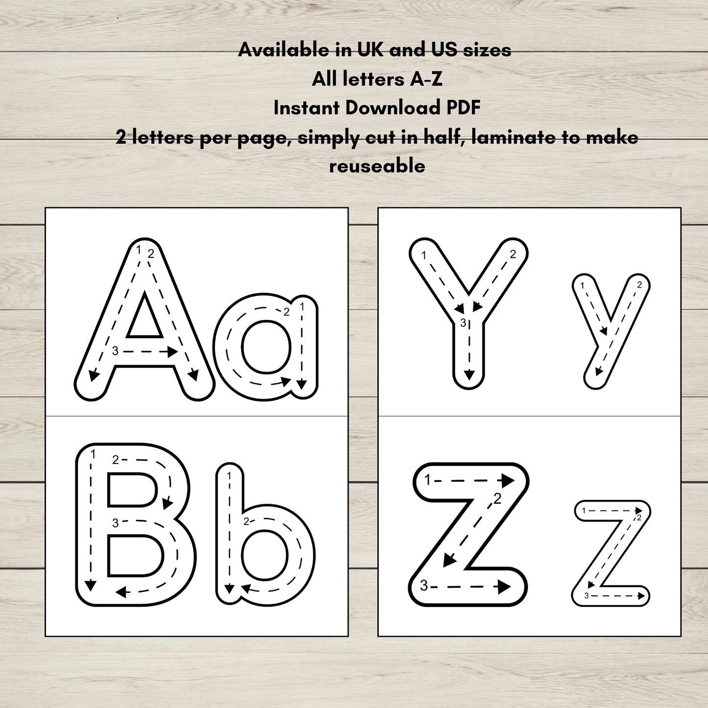 Printable alphabet letters Aa, Bb, Yy, and Zz for letter formation practice in early literacy. 