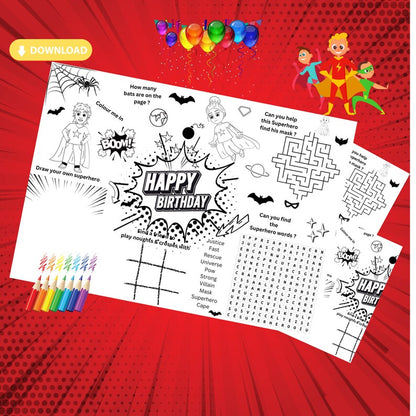 "A superhero printable activity placemat with colouring and puzzles."