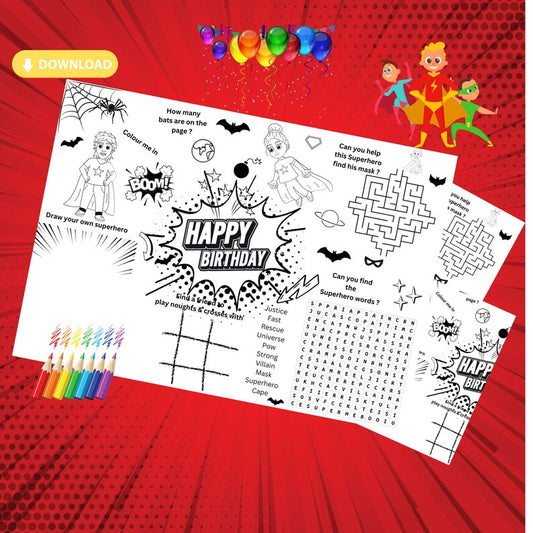 "A superhero printable activity placemat with colouring and puzzles."