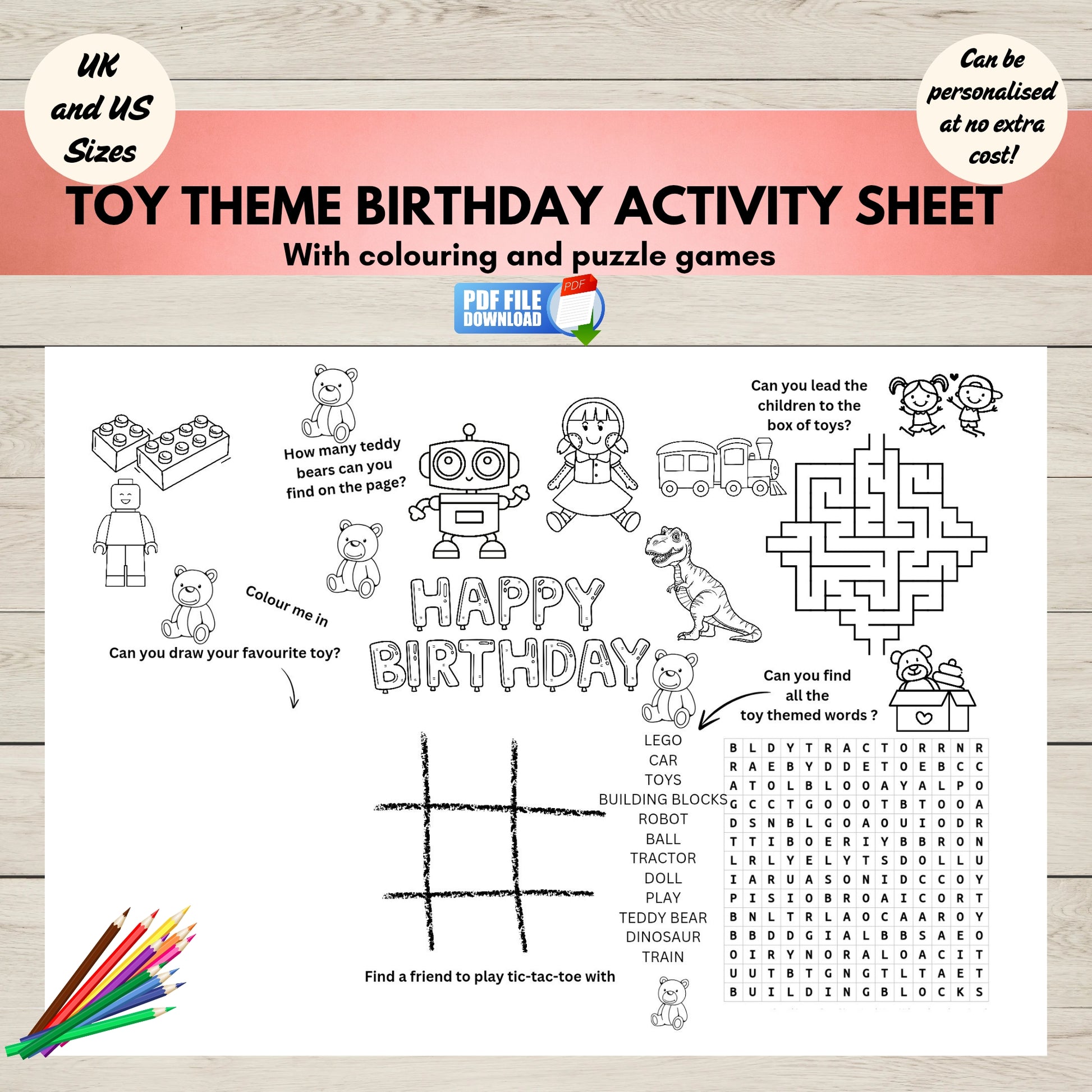Toy-themed birthday activity sheet with colouring, puzzle games, and word search on a wooden surface.