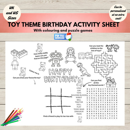 Toy-themed birthday activity sheet with colouring, puzzle games, and word search on a wooden surface.