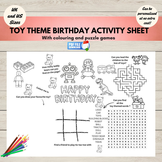Toy-themed birthday activity sheet with colouring, puzzle games, and word search on a wooden surface.