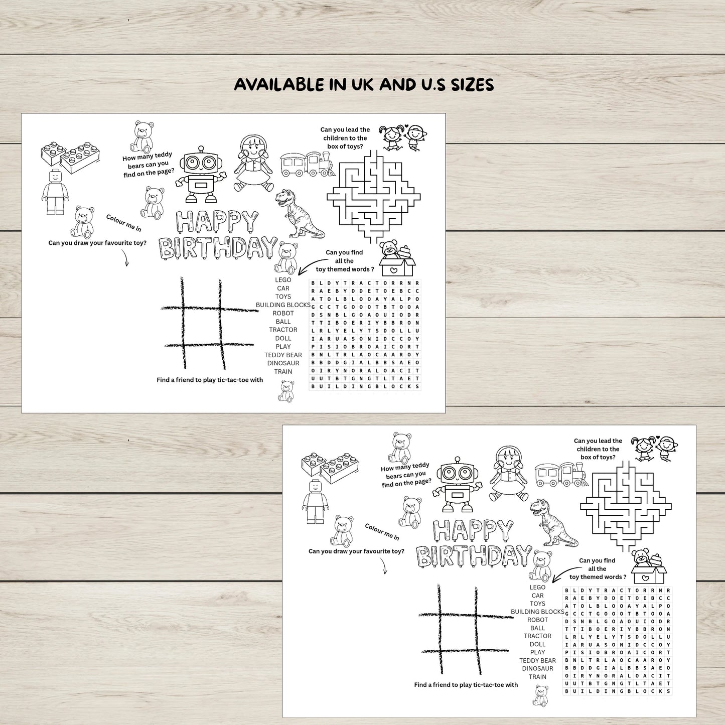 Two black and white birthday-themed activity sheets on a wooden surface.