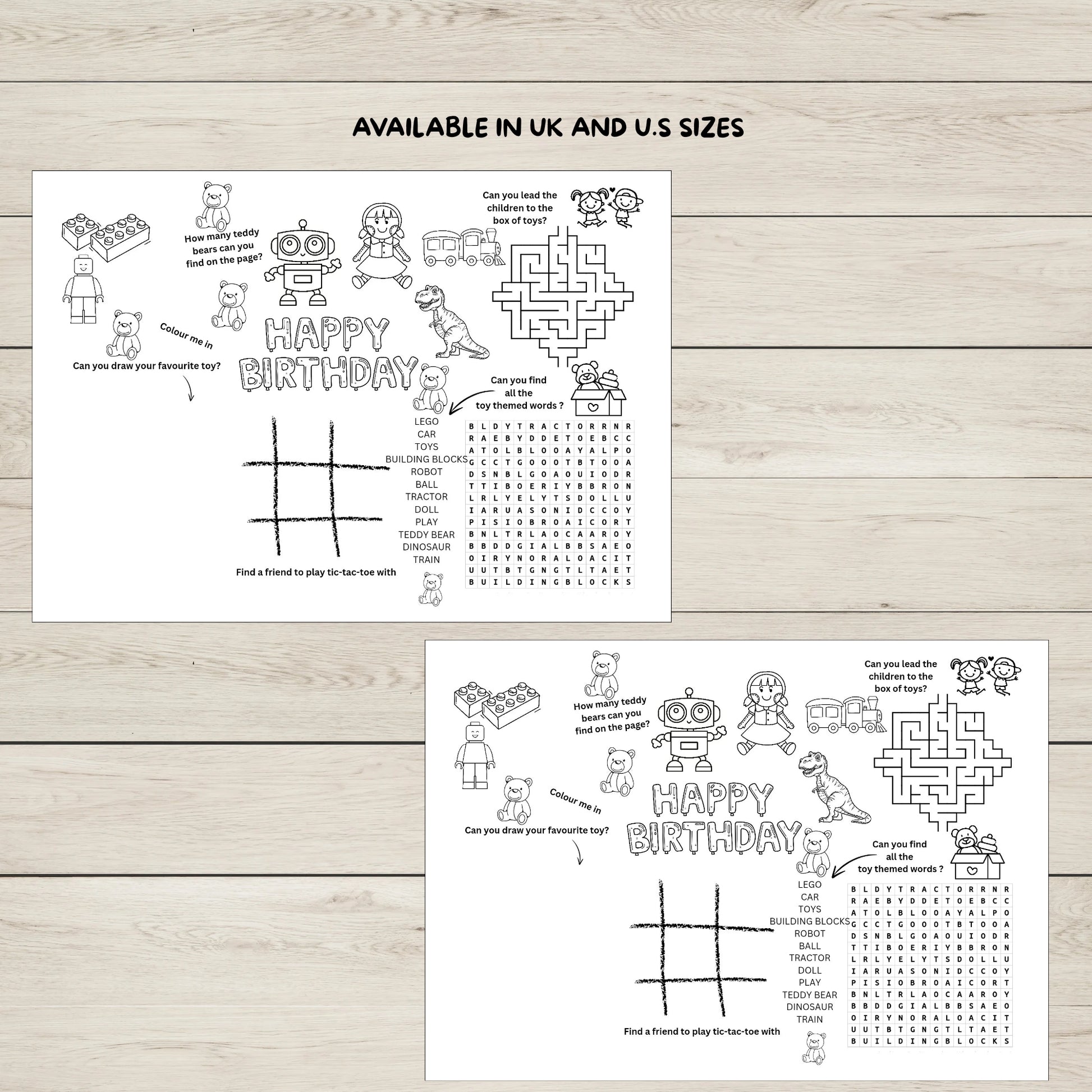 Two black and white birthday-themed activity sheets on a wooden surface.